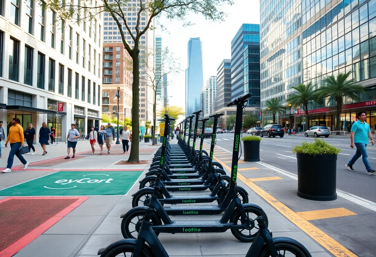E-scooters parked in designated areas in Austin urban setting