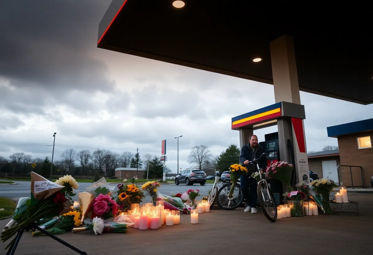 Memorial with flowers and candles at a gas station