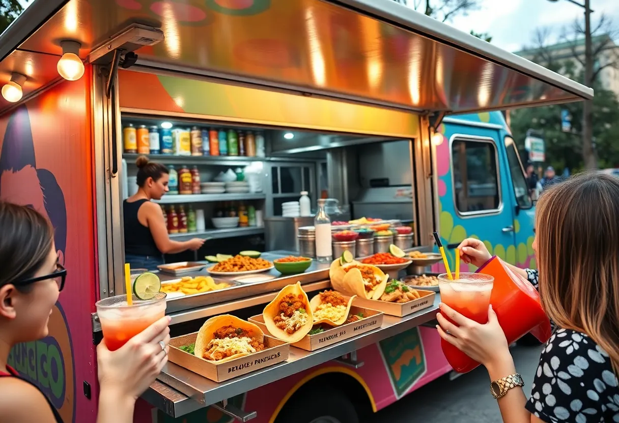 Taco truck Paprika ATX serving tacos under colorful awnings in Austin