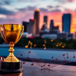 Abstract representation of a music award ceremony with Austin skyline