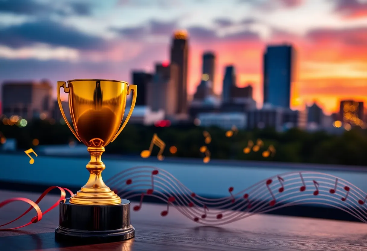 Abstract representation of a music award ceremony with Austin skyline