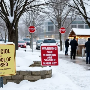 Snow-covered Central Texas school with warning signs