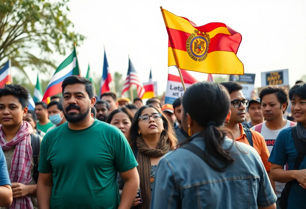 A diverse group of people discussing immigration issues with flags in the background.