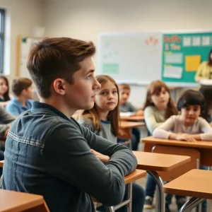 Students looking at their teacher in a classroom setting
