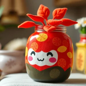 A vibrant plush toy resembling a jar of kimchi with a friendly expression