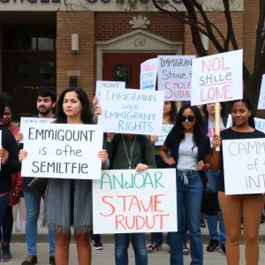 Community members protesting against immigration enforcement in front of a school.