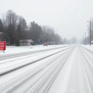 Snow-covered streets in the Southern U.S. during a winter storm