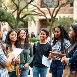Students of diverse backgrounds at University of Texas engaging in community discussions.
