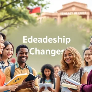 Collage of diverse students and faculty discussing leadership changes at UT Austin.
