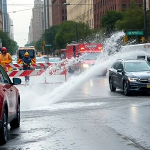 Emergency crews responding to a major water main break in Austin, with water spraying into the air.