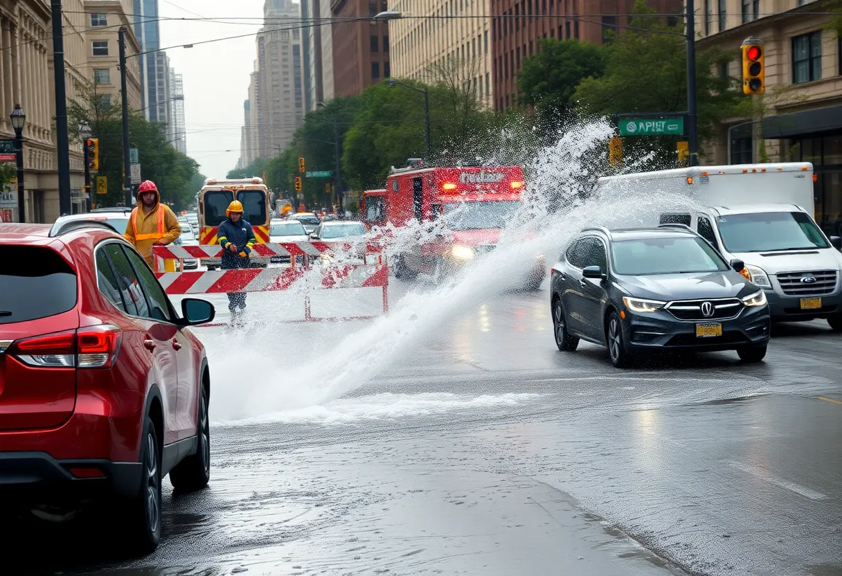 Emergency crews responding to a major water main break in Austin, with water spraying into the air.