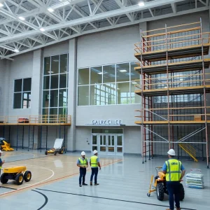 Construction workers at Anderson High School with new facilities being built.