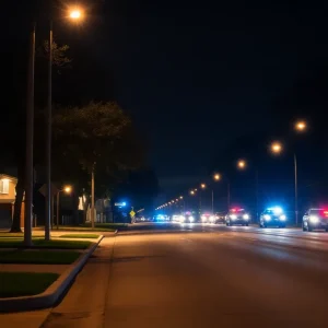 Police lights on a quiet Austin street after a hit-and-run incident.