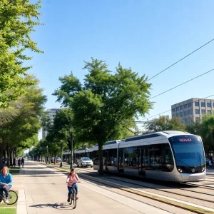 Rendering of Austin's light rail project with greenway and plaza