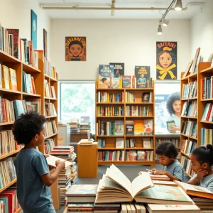 Children reading diverse books in a cozy bookstore