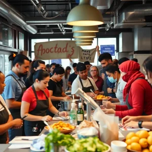 Diverse staff working at Hat Creek Burger Company during a protest