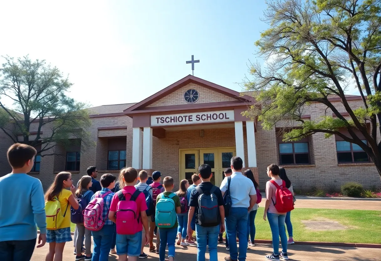 Students in front of a Texas school discussing education choices.