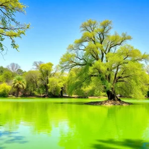 Vivid green water of Lady Bird Lake surrounded by lush greenery