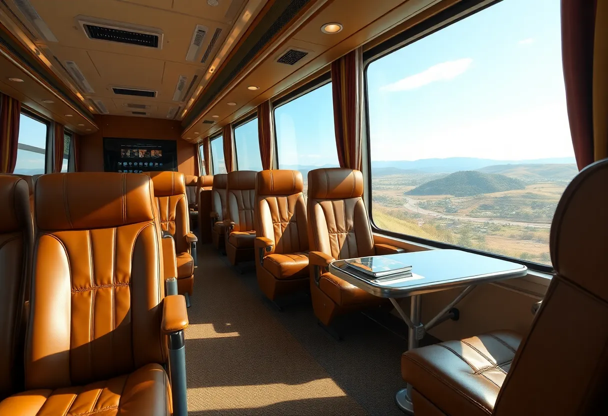 Interior of a luxury motor coach with first-class seating and amenities.