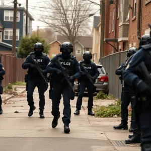 Law enforcement officers from a SWAT team in action during a barricade incident in Austin.