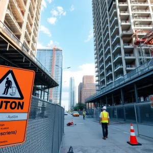 Construction site of a high-rise building in Downtown Austin with safety measures in place.