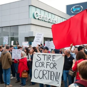 Crowd protesting outside a Tesla dealership in Austin, Texas