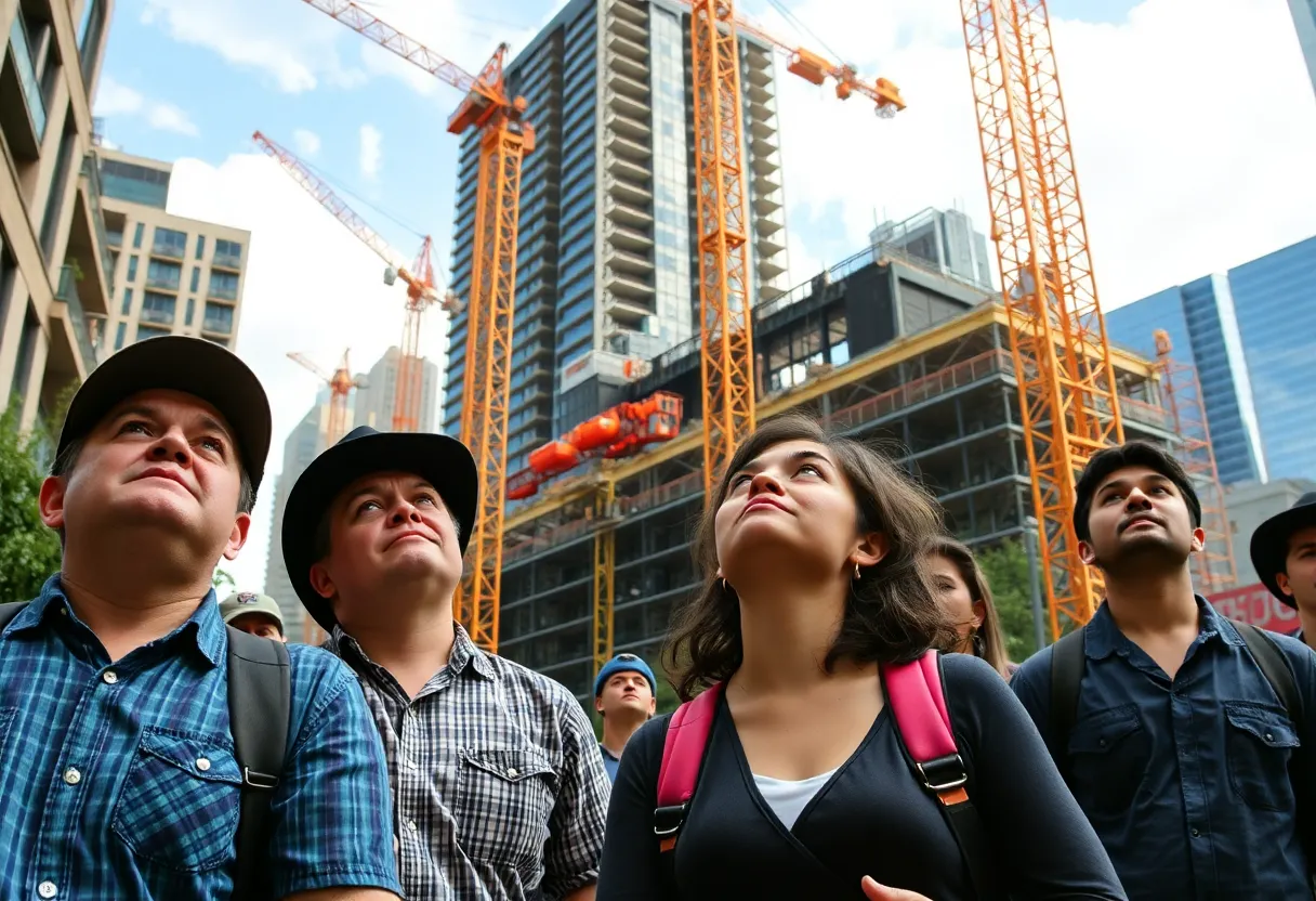 Construction crane in downtown Austin with bystanders looking up