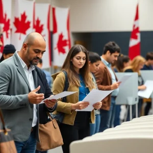 A diverse group of Canadian voters participating in the election process.