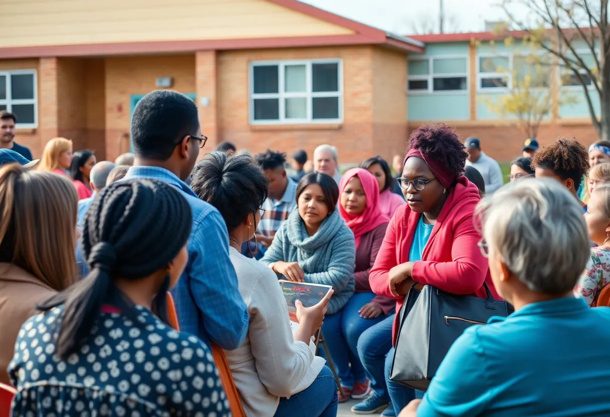 Parents and guardians participating in a community meeting for Dobie Middle School changes