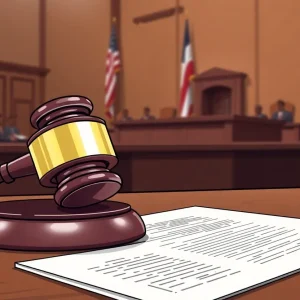 Illustration of a courtroom representing legal proceedings in a deportation case