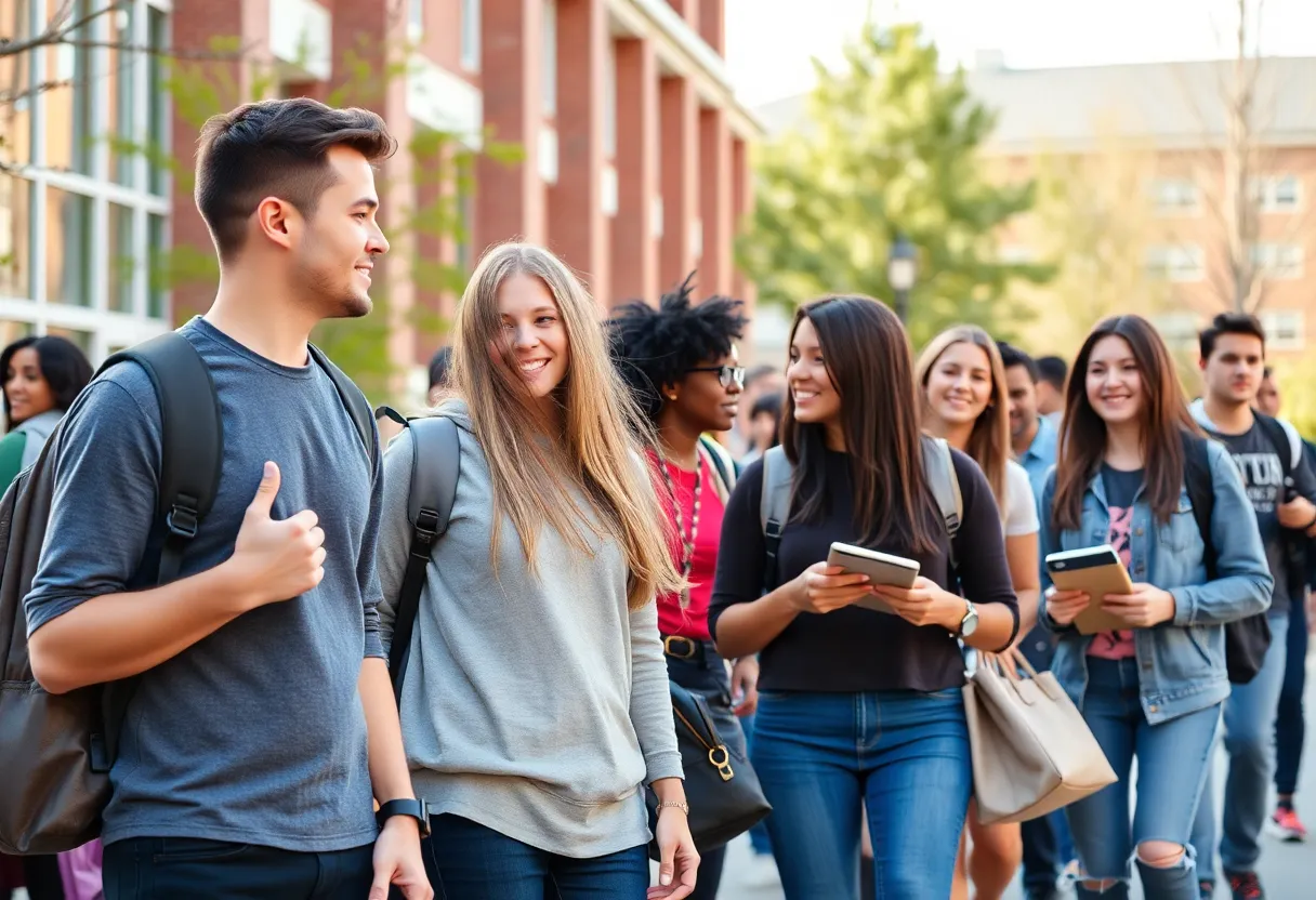 Students interacting on the campus of Dallas Baptist University