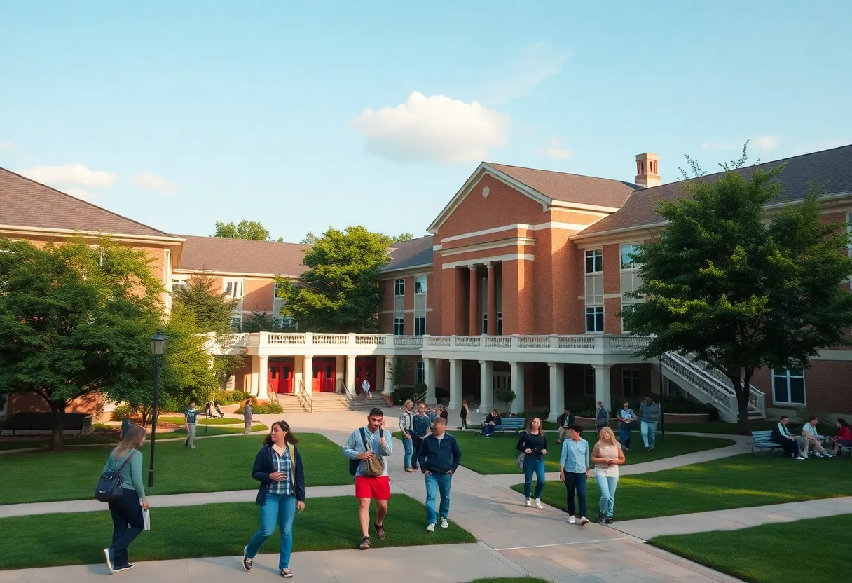 Dallas Baptist University campus with students and greenery