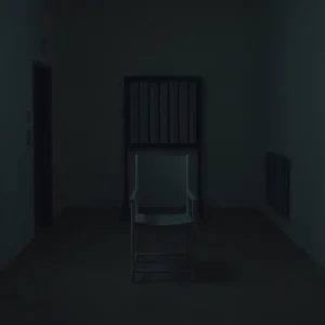 A view of an execution chamber highlighting a metal chair.