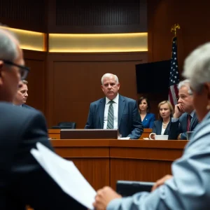 Courtroom depiction highlighting immigrant rights issues