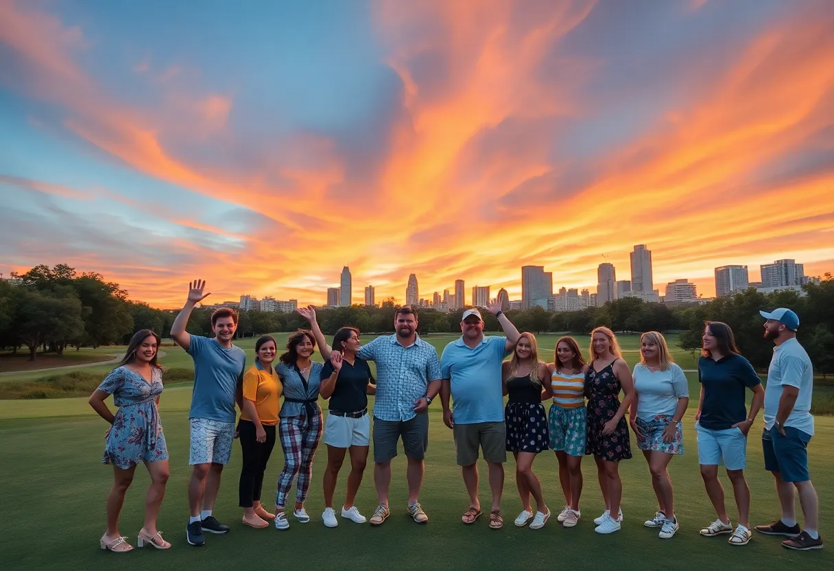 Scene from The Salamander King showcasing friends on a golf course in Austin.