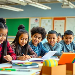 Classroom full of diverse students participating in educational activities.