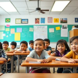 A diverse group of students engaged in learning activities in an Austin classroom, representing the educational challenges.