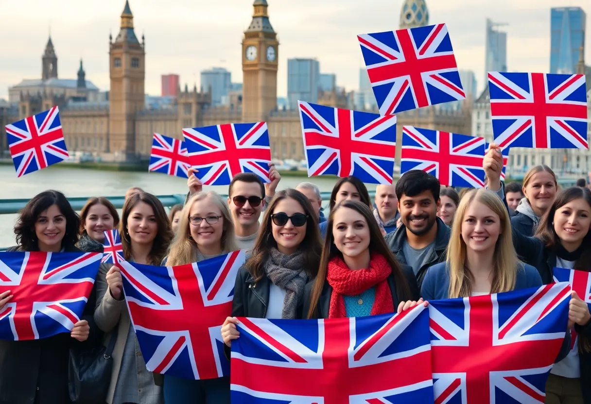 Group of hopeful individuals displaying British flags in front of iconic landmarks.