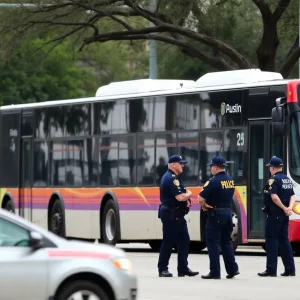 Police and emergency responders at the scene of a bus incident in Austin