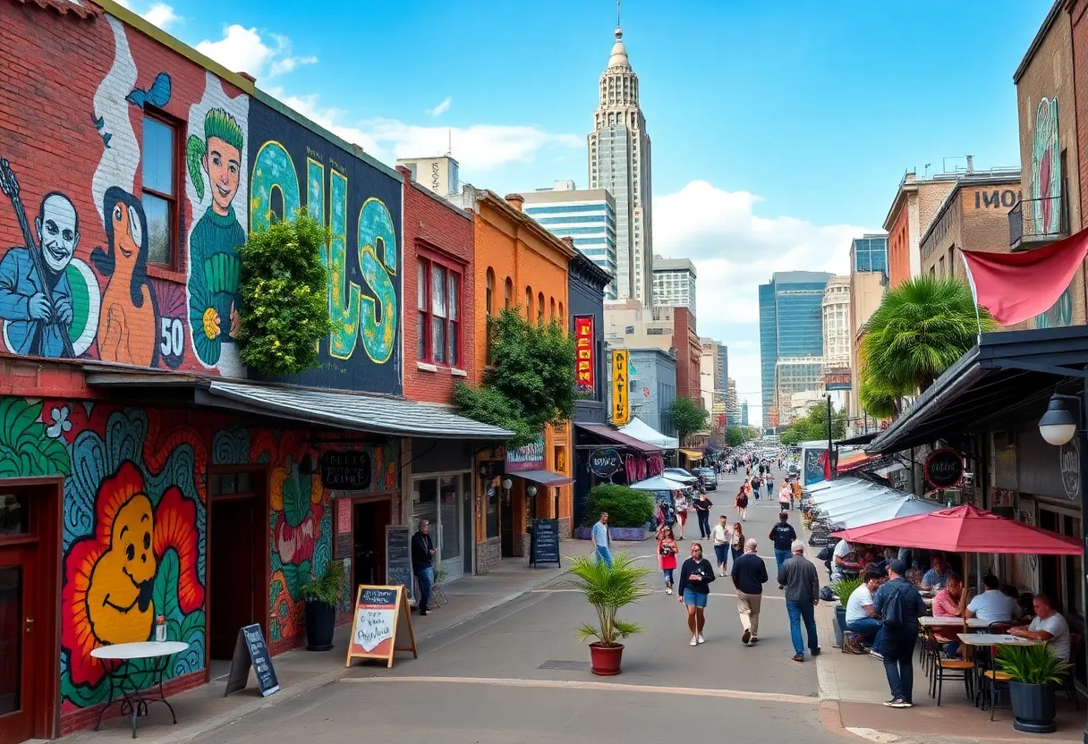 Cityscape of Austin showing vibrant street art and music events.