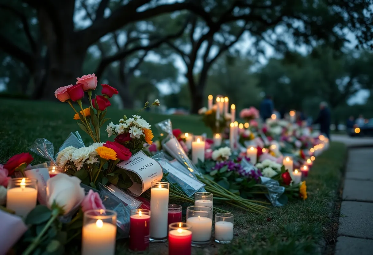 Flowers and candles in Austin park for community mourning