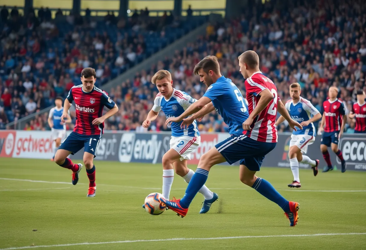 Soccer match scene with Austin FC II players in action
