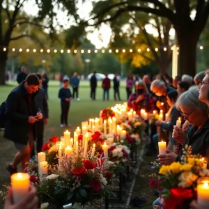 Community members gathered for the Austin Flood Remembrance Day, holding candles and sharing memories.