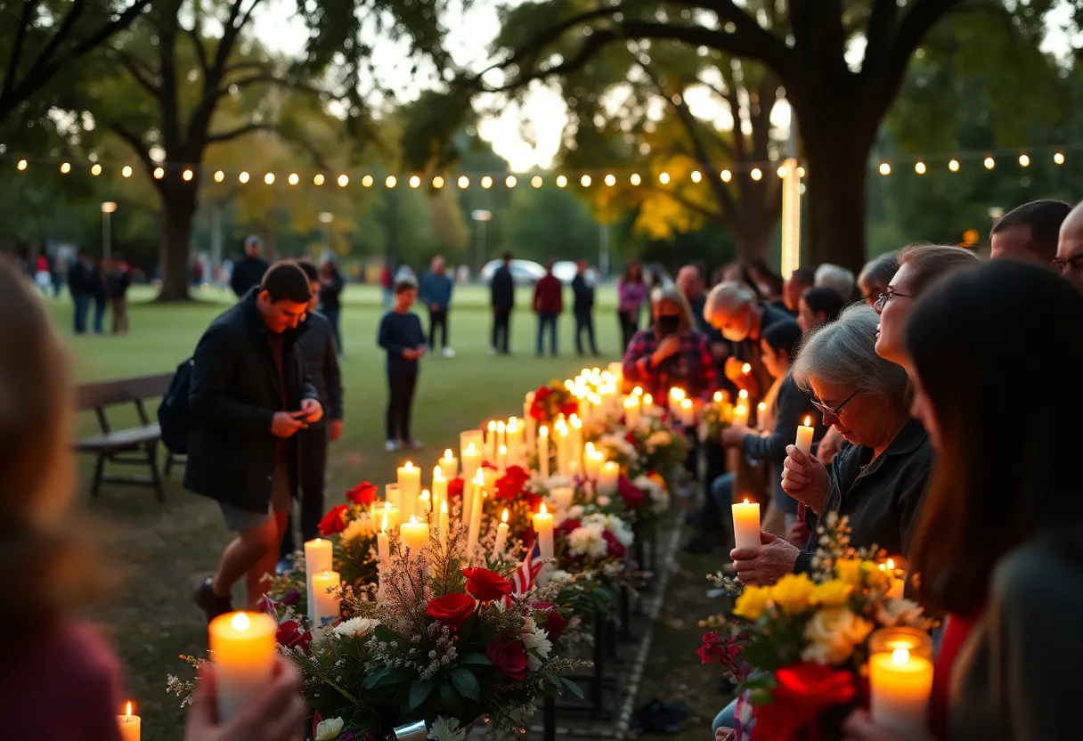 Community members gathered for the Austin Flood Remembrance Day, holding candles and sharing memories.