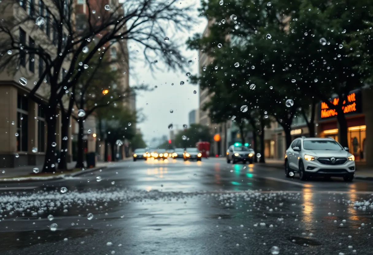 Hailstorm damage in Austin with flooded streets