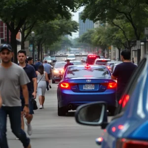 Pedestrians in downtown Austin near a blue sedan