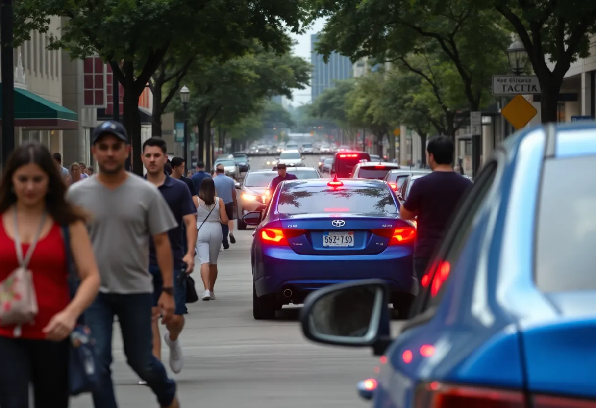 Pedestrians in downtown Austin near a blue sedan