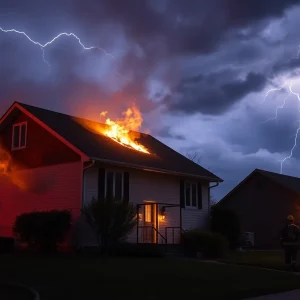 Firefighters extinguishing a house fire caused by a lightning strike in Austin