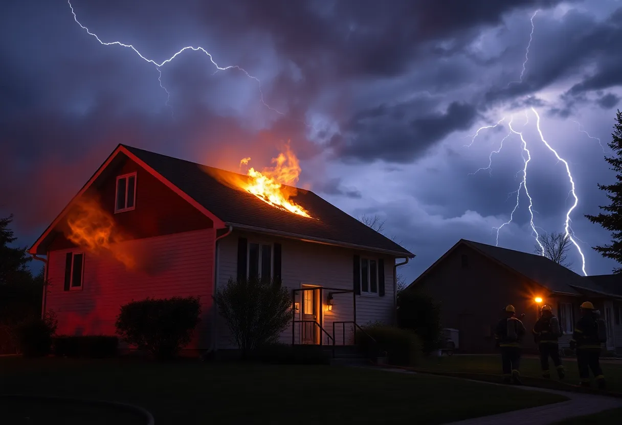 Fire on the roof of a house during a lightning storm
