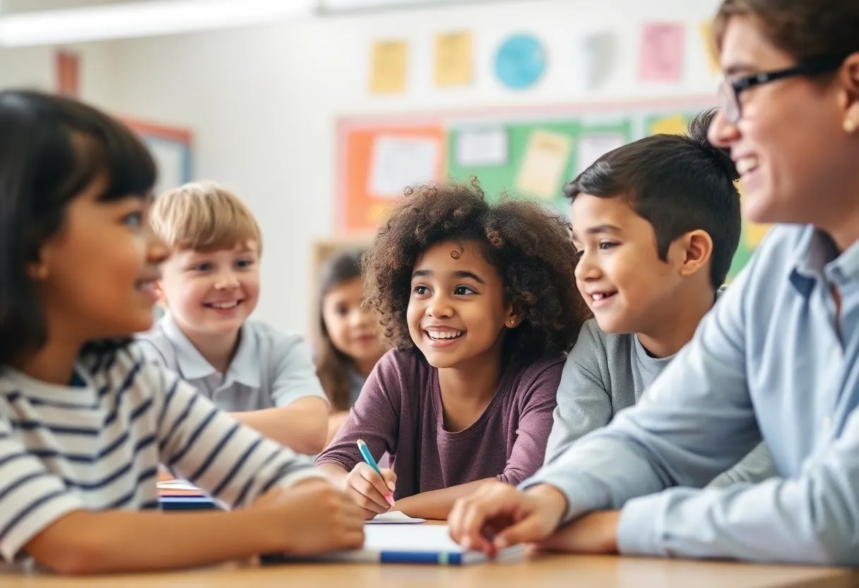 Teacher interacting with students in a classroom setting